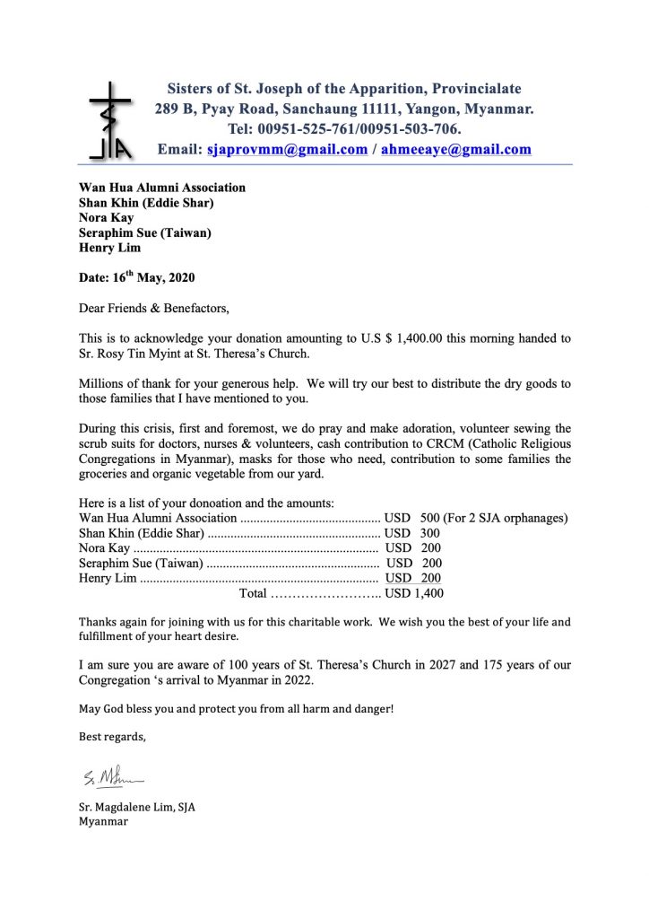 Acknowledgement letter from Sister Magdalene Lim