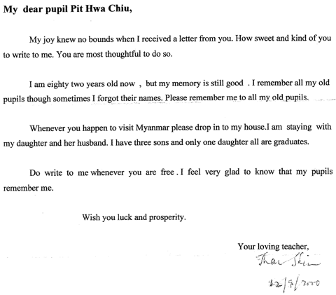 Teacher Daw Than Shin's letter to her student Pit Hwa Chiu in 2000