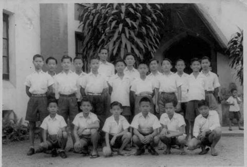 Kenneth Law with classmates and Boarder Master, 1956