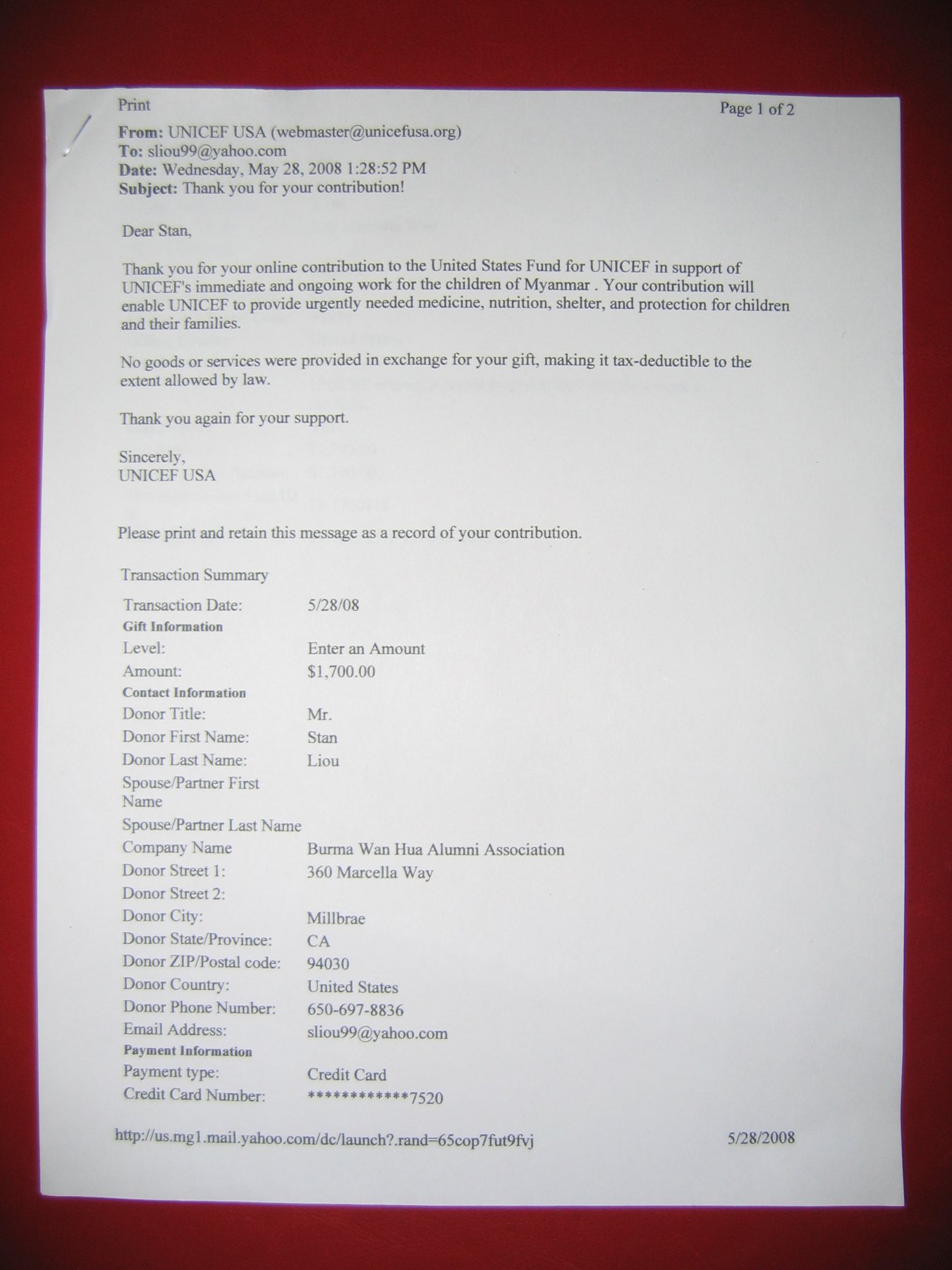 A Letter of Appreciation from UNICEF